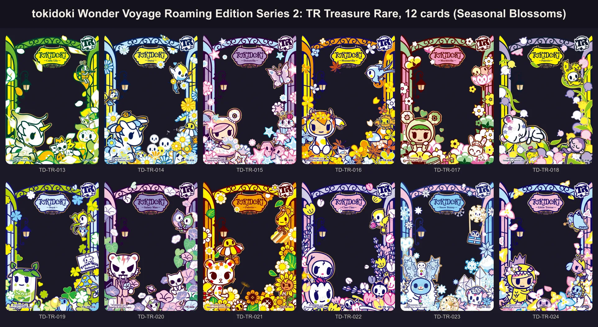 The twelve Treasure Rare Seasonal Blossoms cards of tokidoki Wonder Voyage Series 2