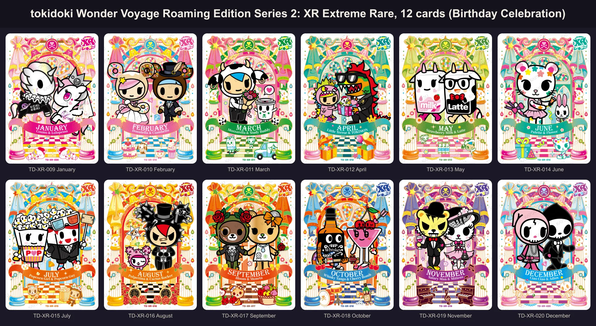 The twelve Extreme Rare birthday cards of tokidoki Wonder Voyage Series 2, January to December